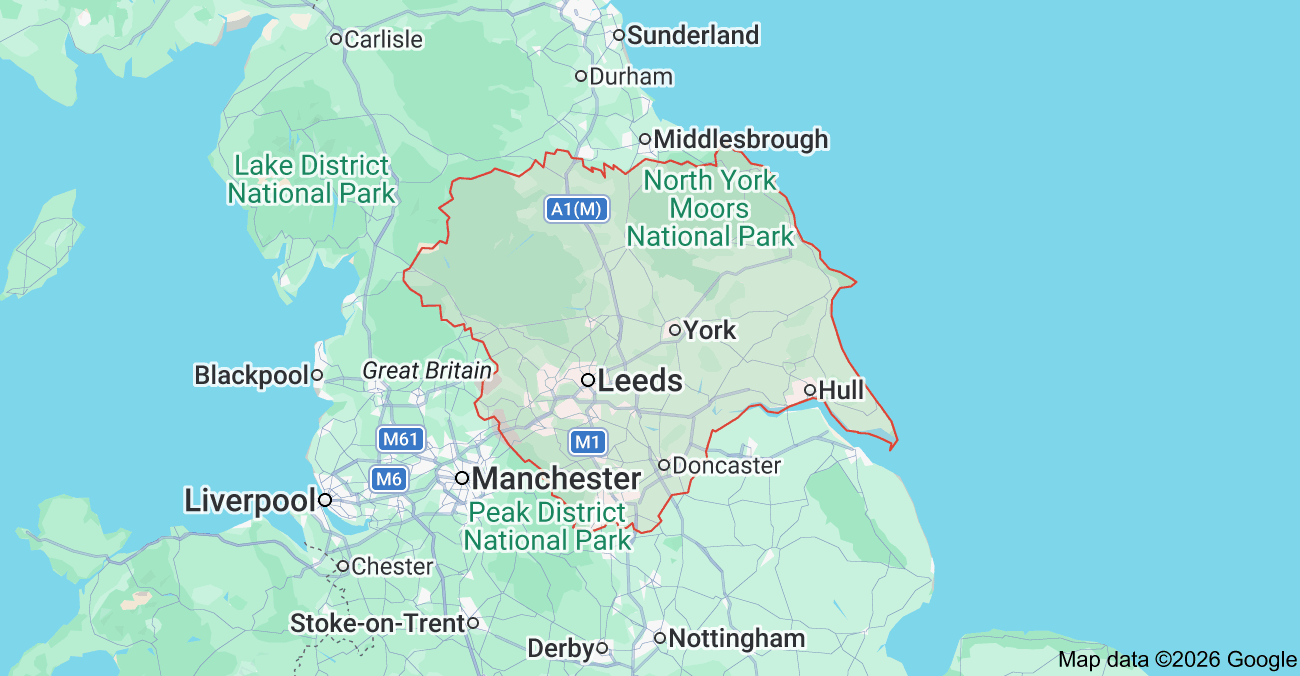 UK Stonecare service area map showing Yorkshire, Manchester, Leeds, York and Hull across Northern England